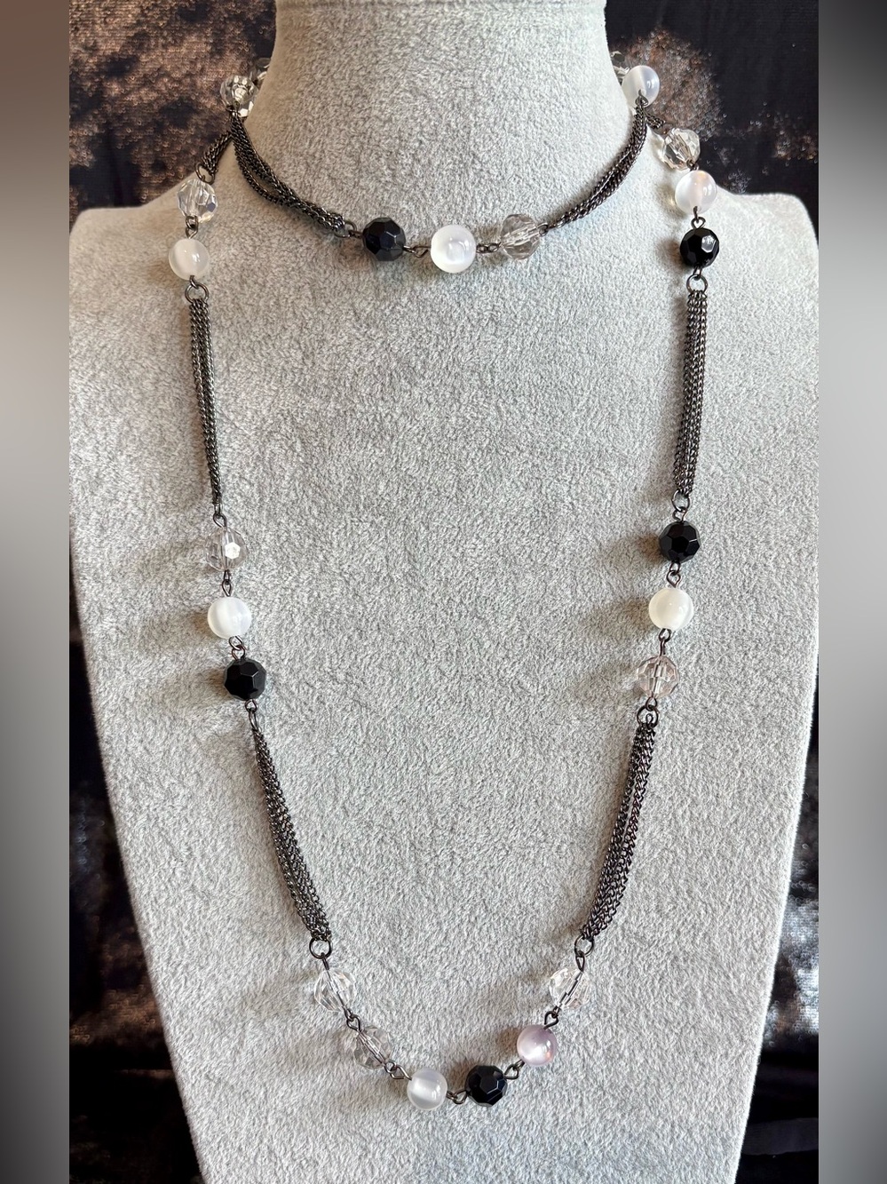 Long Black & White Chain Beaded Necklace
